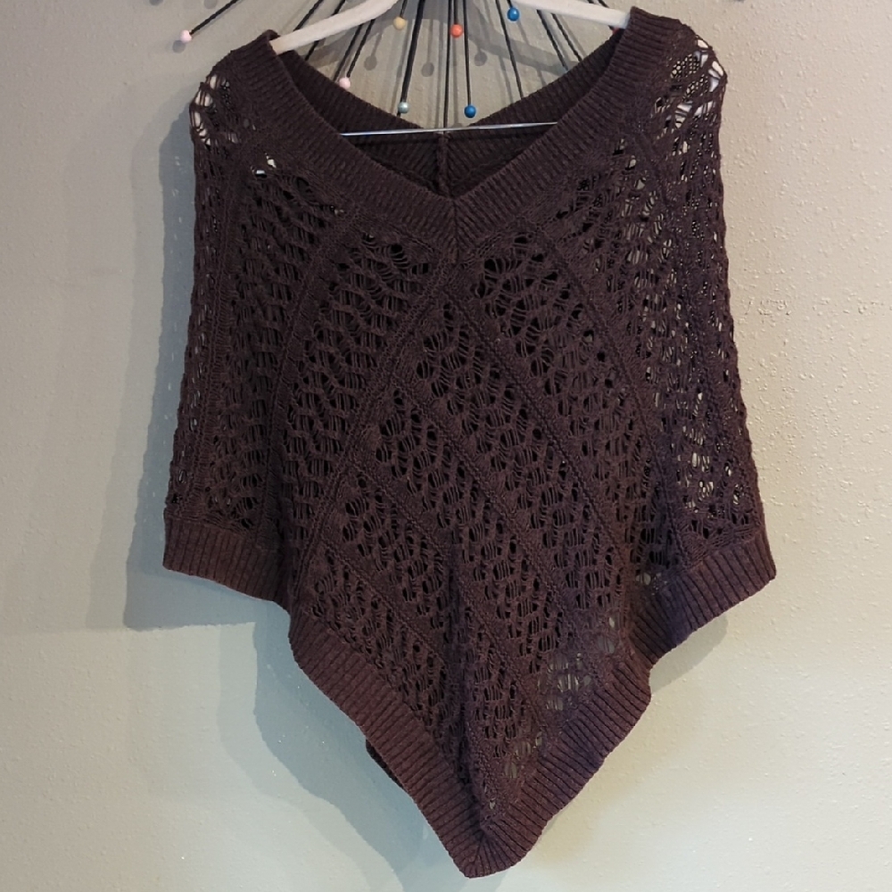 Y2K Granola Earthy Indie Open Knit Poncho Top Brown Mudd Boho Festival Layering